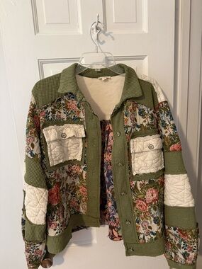 POL Olive Green Floral Patchwork Utility Jacket with Cream Quilted Accents